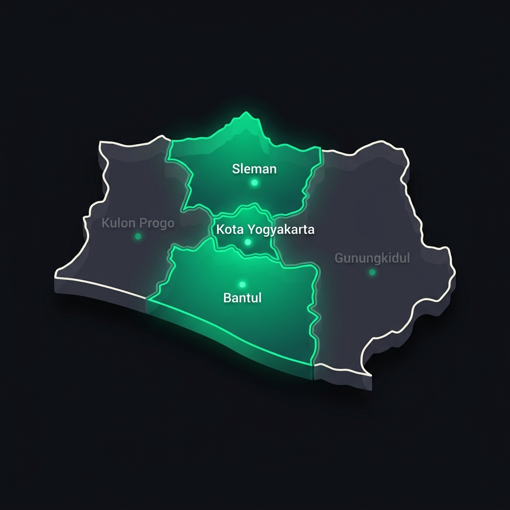 Peta 3D area layanan Jogja — Sleman, Kota Yogyakarta, Bantul